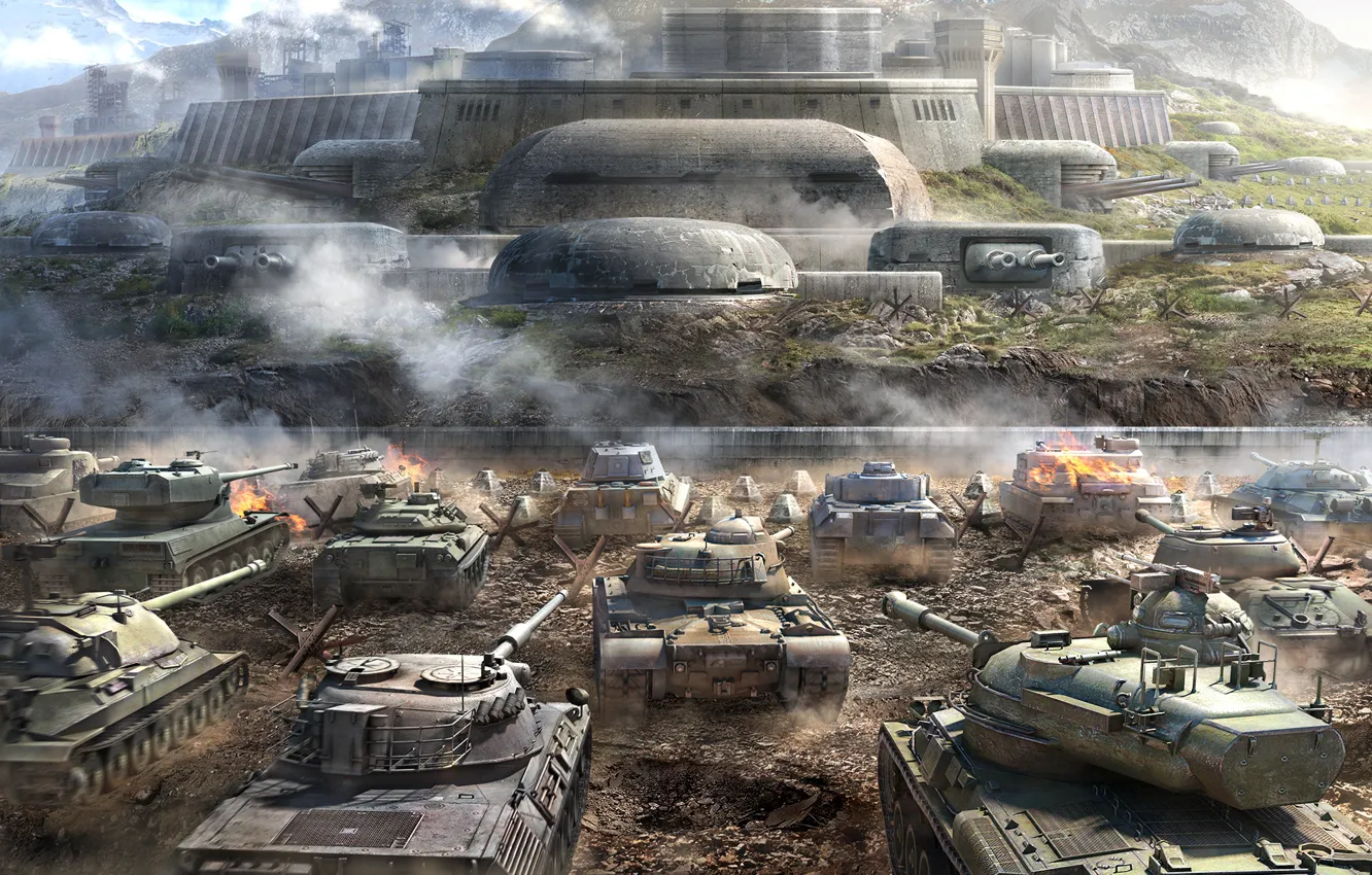 Photo wallpaper Mountains, Dust, Smoke, Tanks, WoT, Is-7, Tiger II, World of Tanks