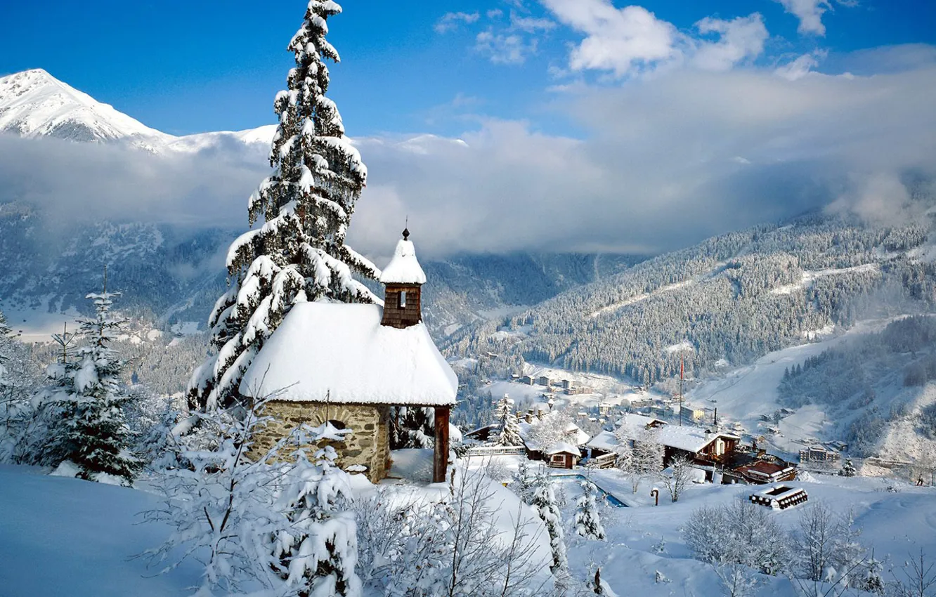Photo wallpaper winter, snow, mountains, house, tree