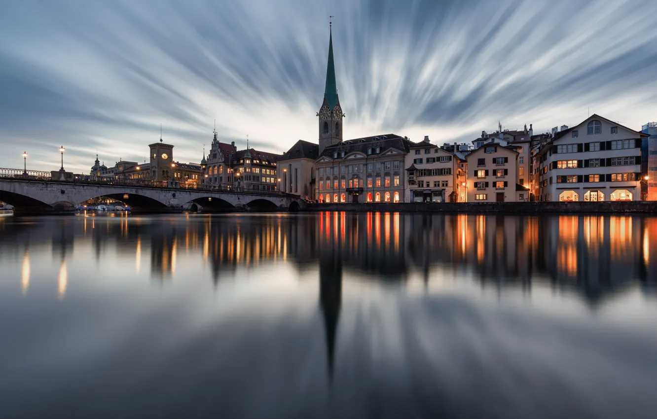 Photo wallpaper bridge, reflection, river, building, home, the evening, Switzerland, Switzerland