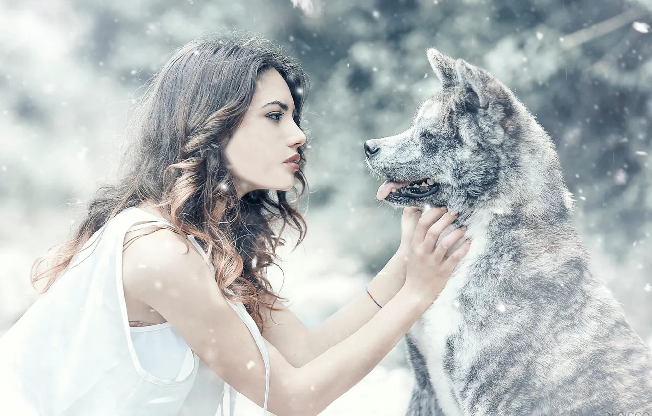 Photo wallpaper girl, snow, mood, dog, friendship, friends, Alessandro Di Cicco, Arianna Storace