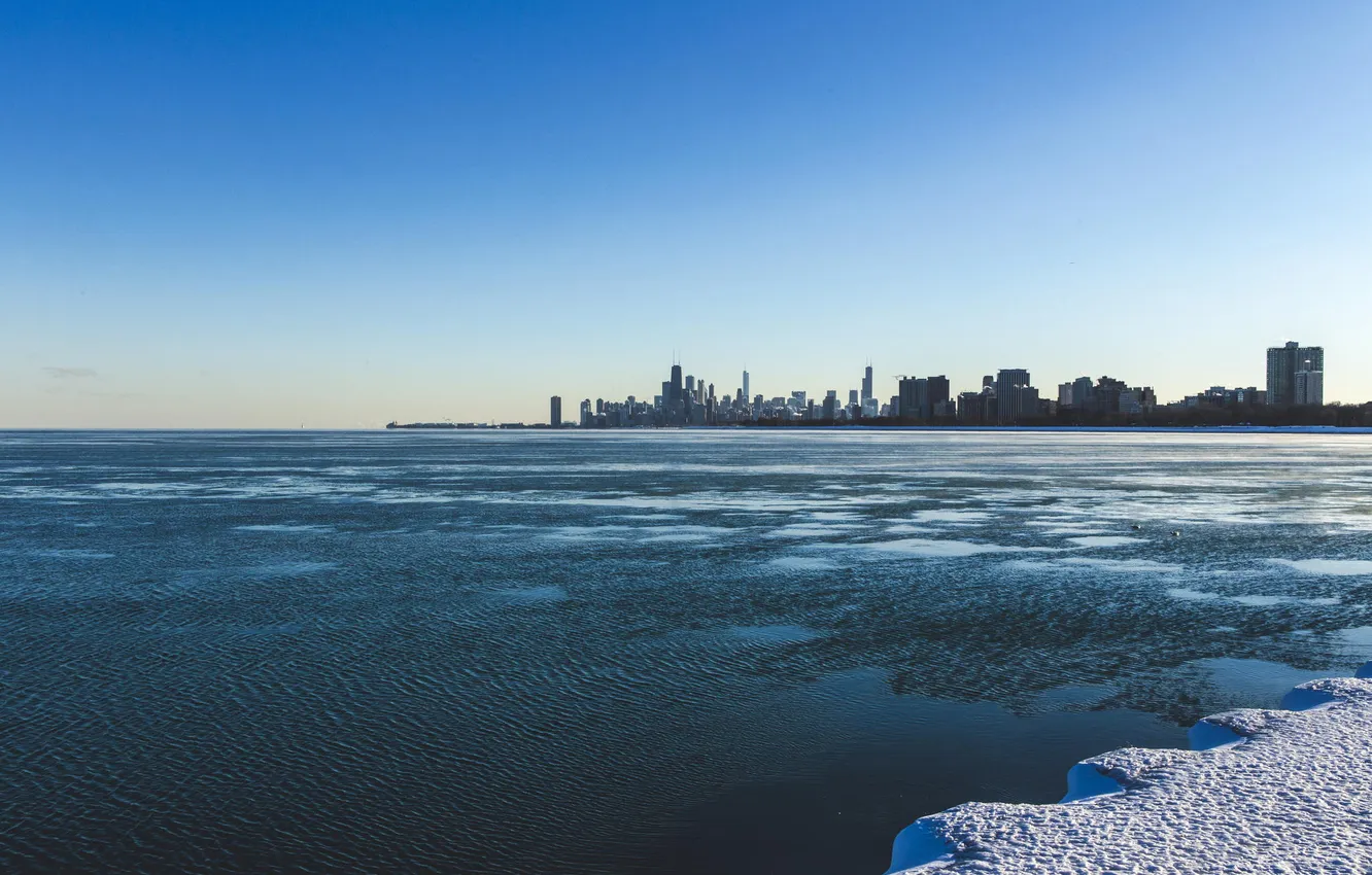 Photo wallpaper winter, snow, building, skyscrapers, Chicago, Michigan, Chicago