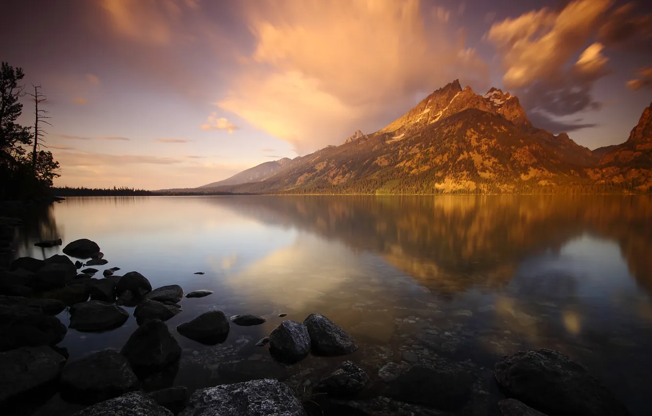 Photo wallpaper transparency, clouds, mountains, lake, reflection, stones, dawn, Grand Tetons