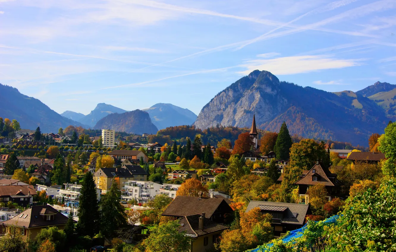 Photo wallpaper landscape, mountains, the city, photo, home, Switzerland, Spiez