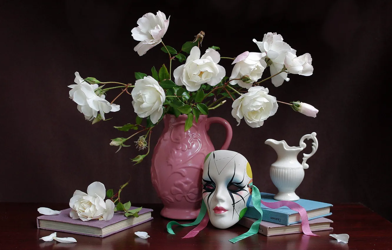 Photo wallpaper flowers, mask, still life