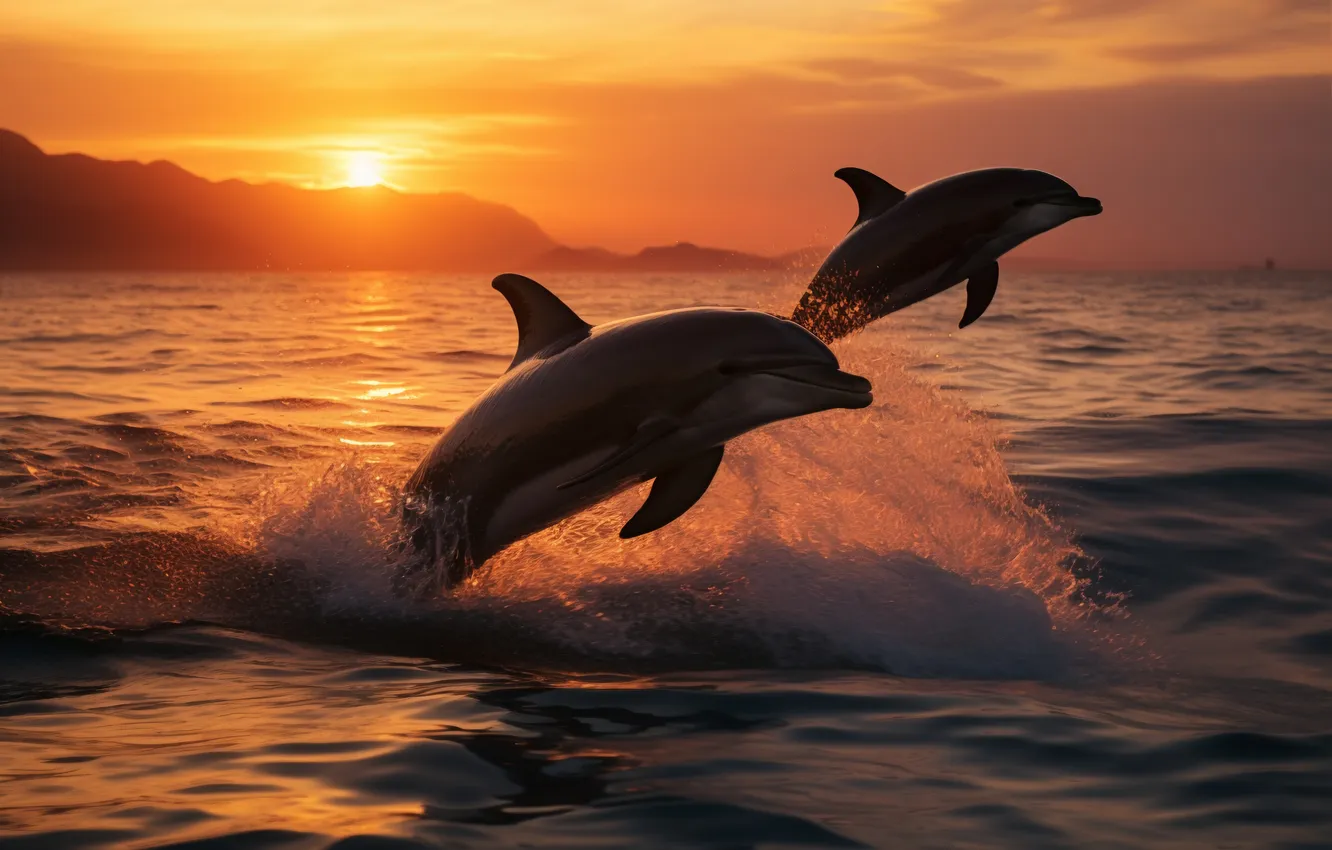 Photo wallpaper sea, dawn, jump, dolphins, two, digital art, AI art, The Art of Artificial Intelligence