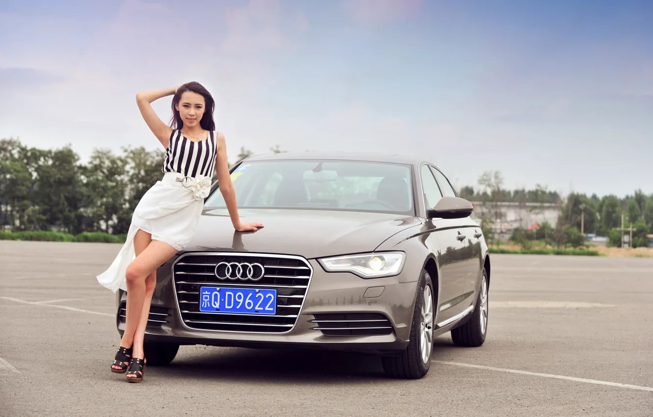 Photo wallpaper auto, look, Audi, Girls, Asian, beautiful girl, posing on the car