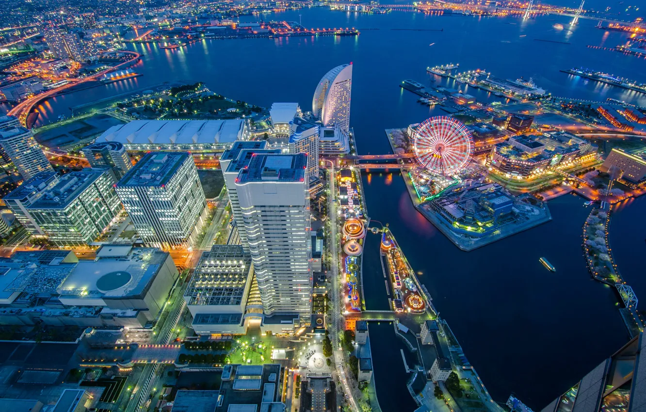 Photo wallpaper night, the city, lights, blue, building, height, skyscrapers, Japan