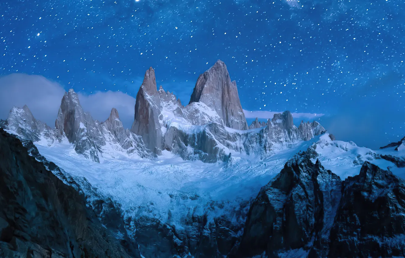 Photo wallpaper Mountains, Night, Stars, space, the night sky, snow