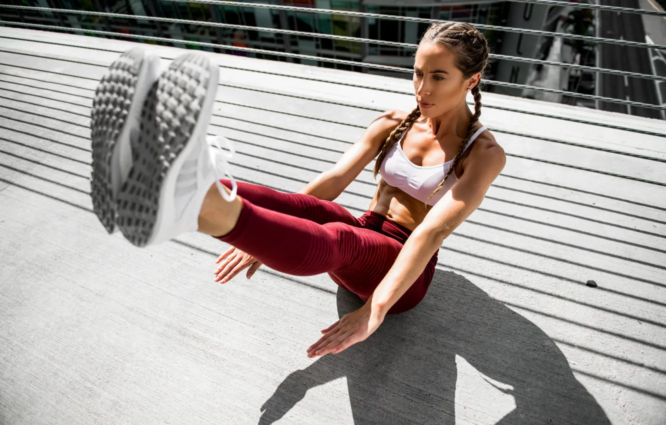 Photo wallpaper summer, girl, sports, legs, charging, press, exercise, Hanna