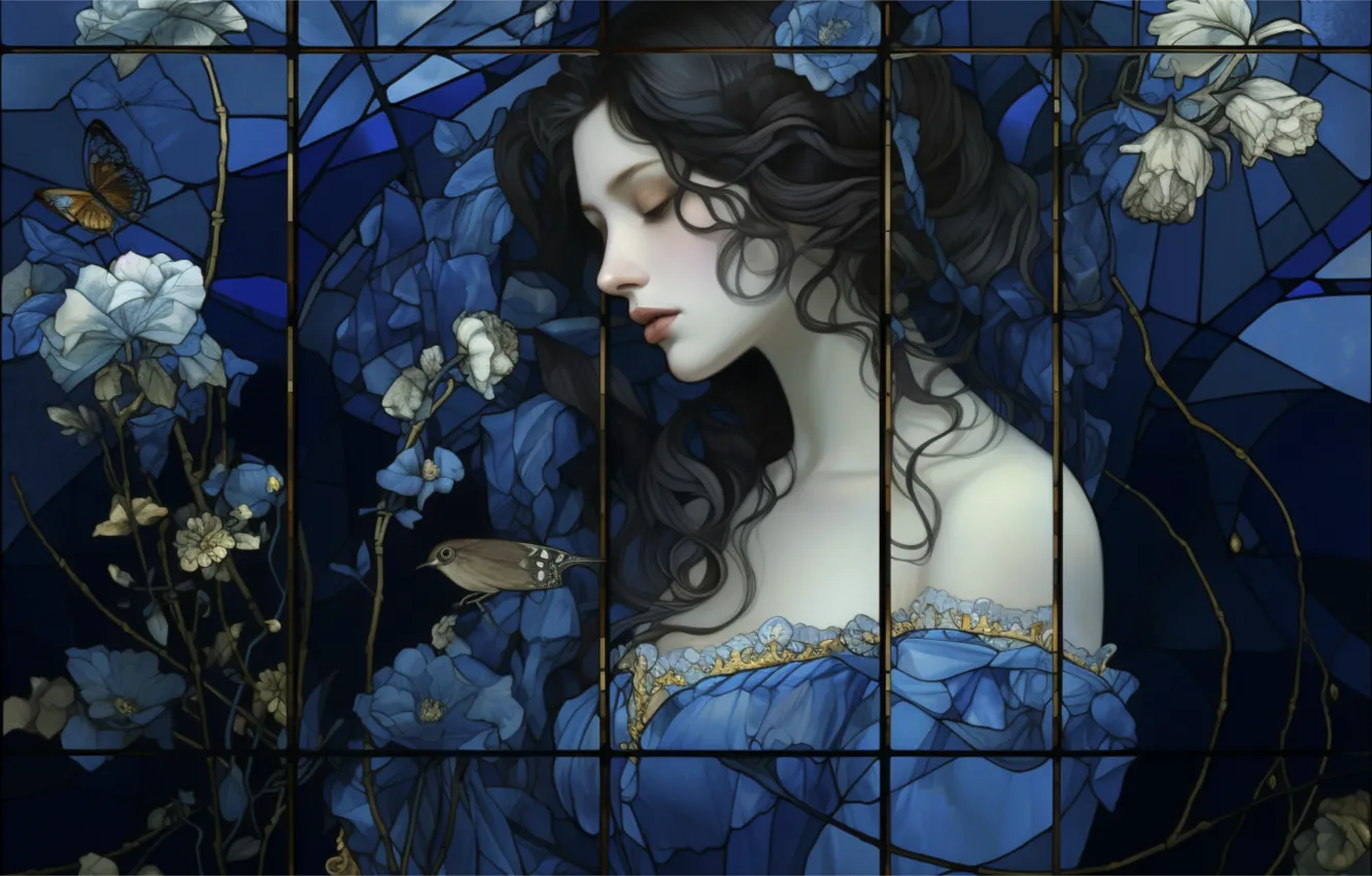 Photo wallpaper girl, flowers, bird, butterfly, portrait, grille, brunette, stained glass