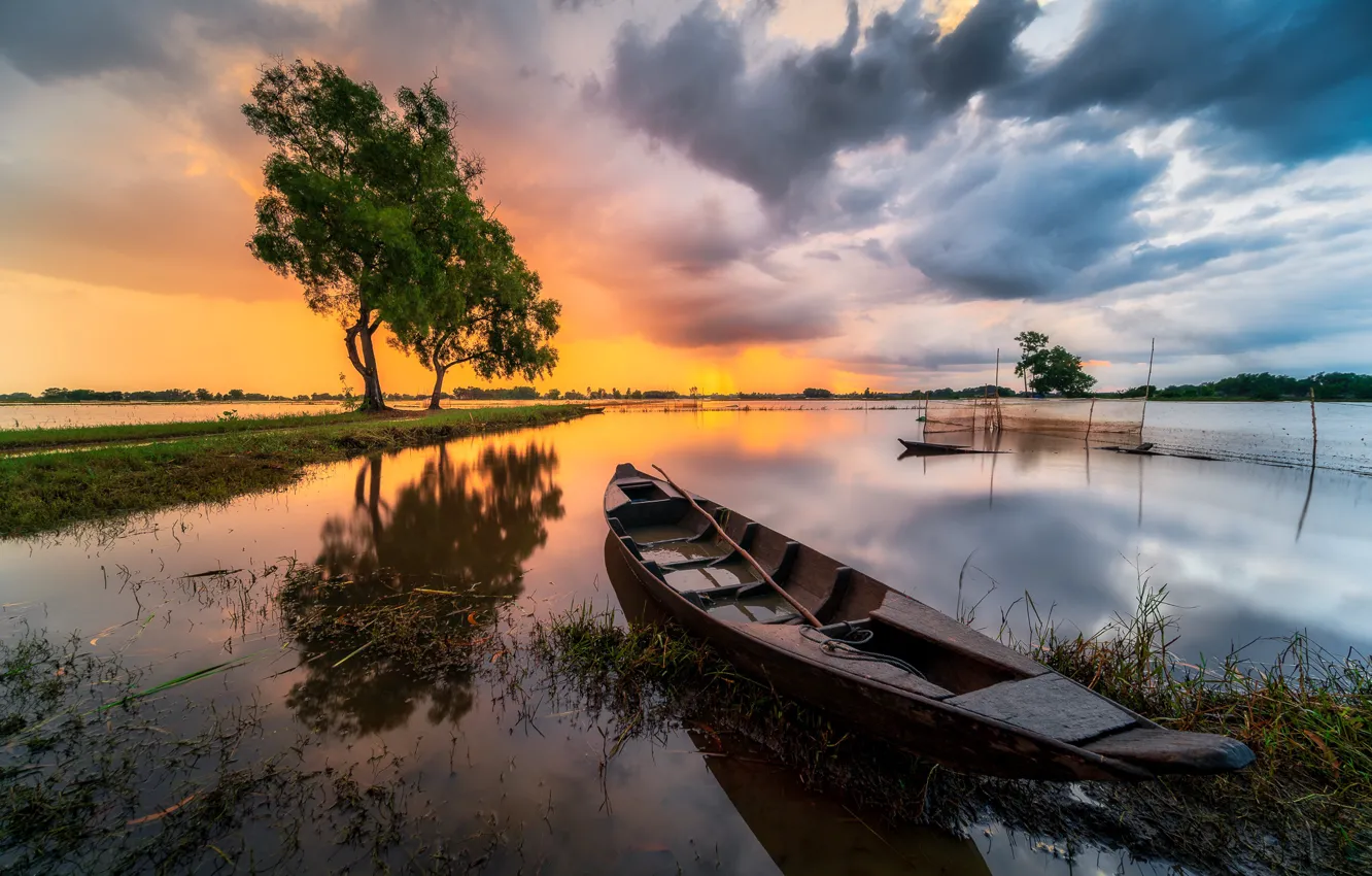 Photo wallpaper summer, the sky, water, clouds, sunset, river, boat