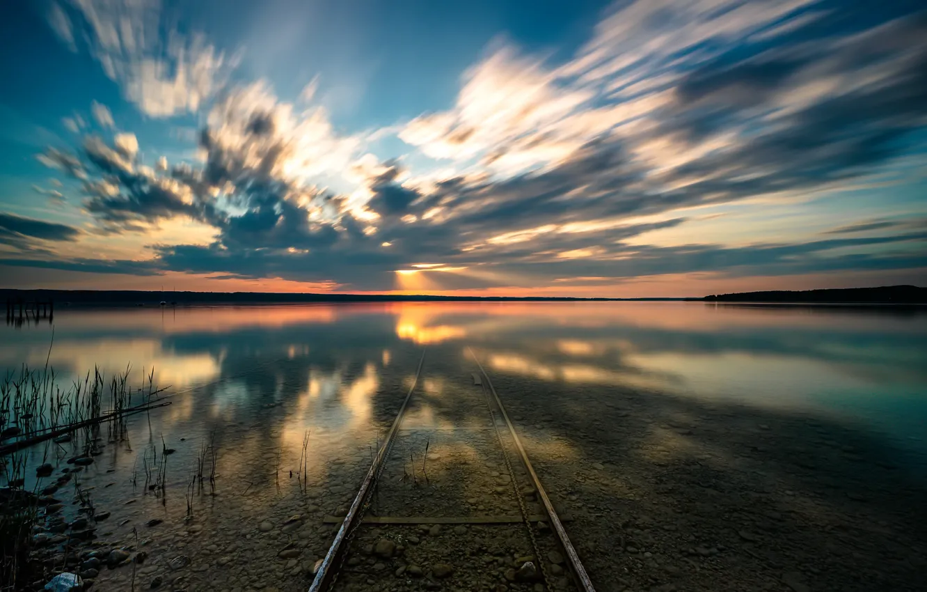 Photo wallpaper sunset, nature, lake, railroad