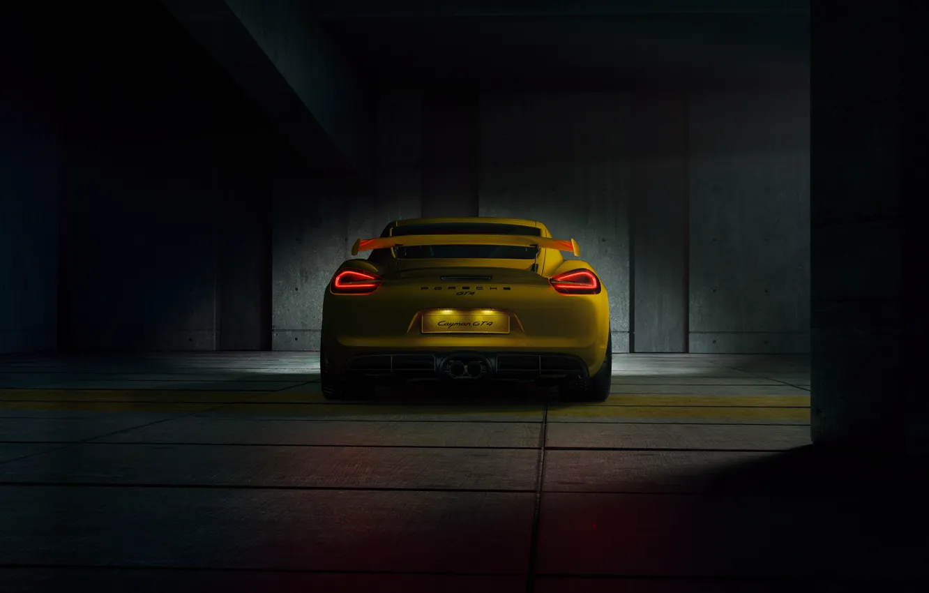 Photo wallpaper Porsche, Cayman, Yellow, Parking, Supercar, GT4, Rear, 2015