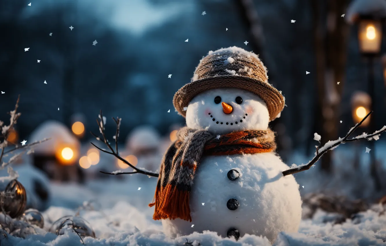 Photo wallpaper winter, snow, new year, Christmas, snowman, Christmas, night, winter