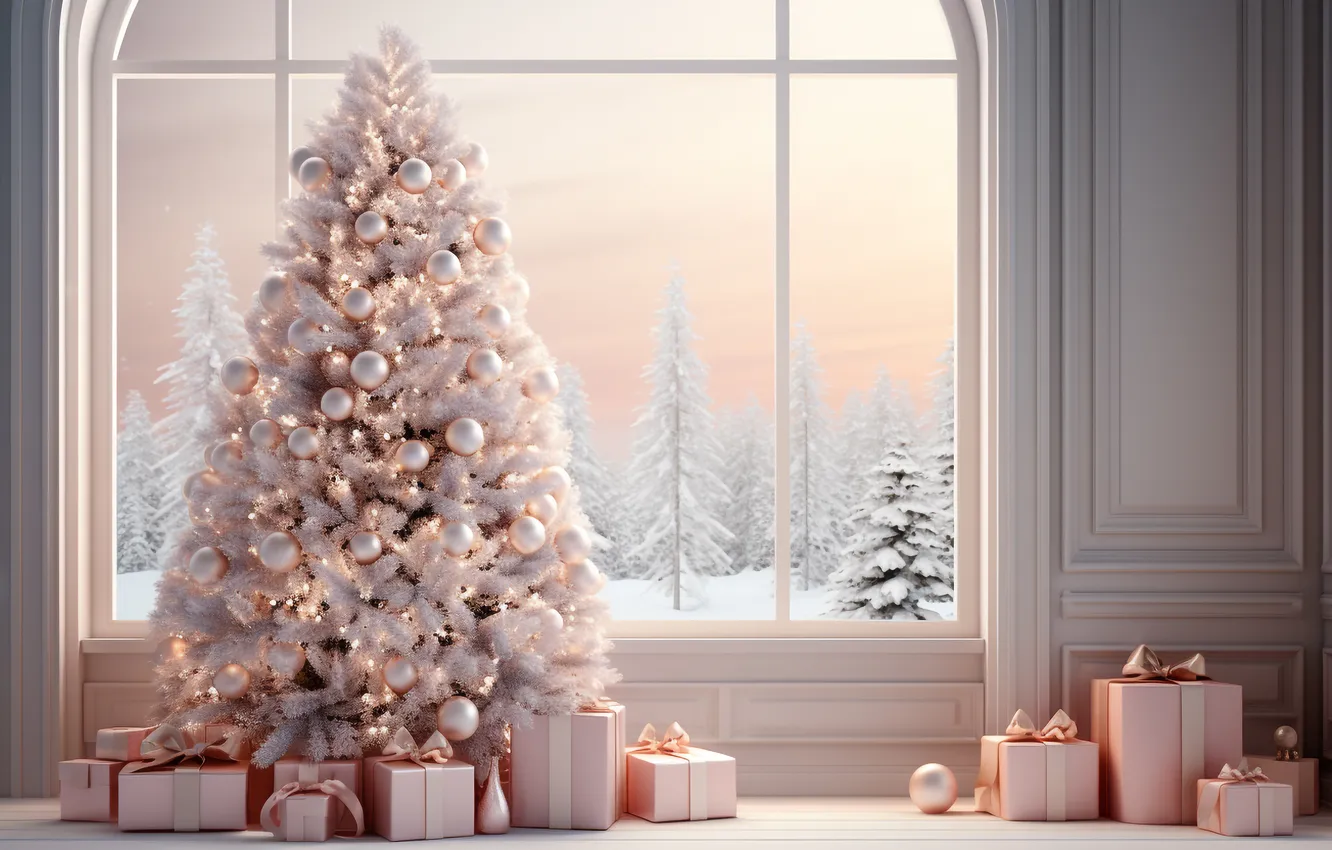 Photo wallpaper winter, snow, decoration, room, tree, new year, interior, Christmas