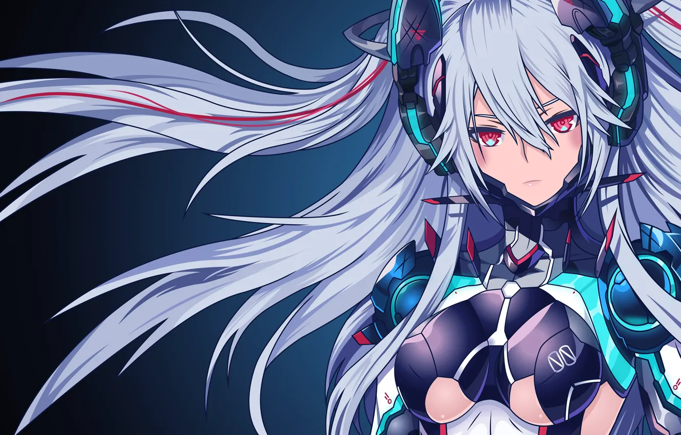 Photo wallpaper girl, bodysuit, mecha, anime, longhair, red eyes