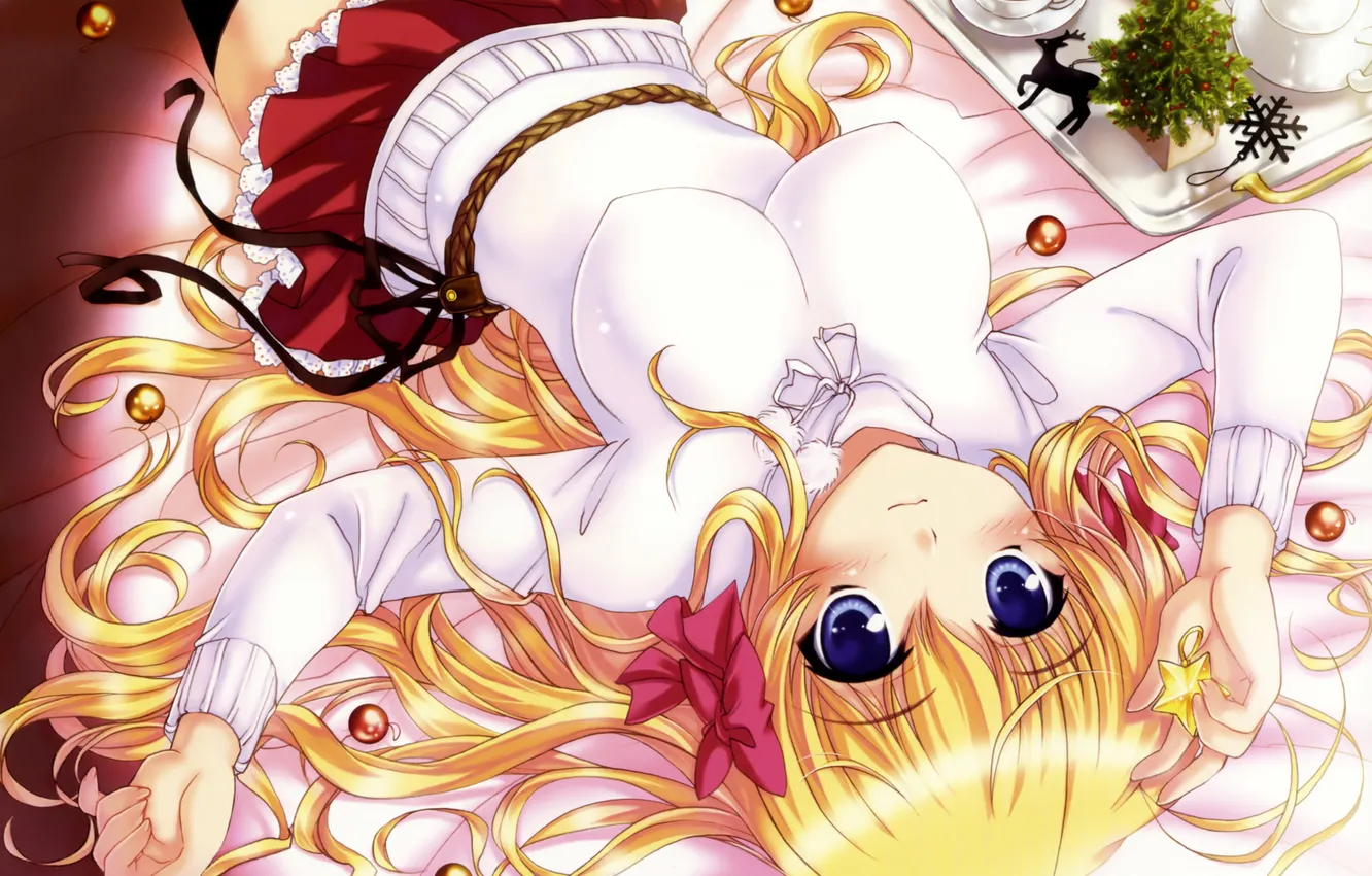 Photo wallpaper girl, snowflakes, tea, tree, anime, deer, kettle, art