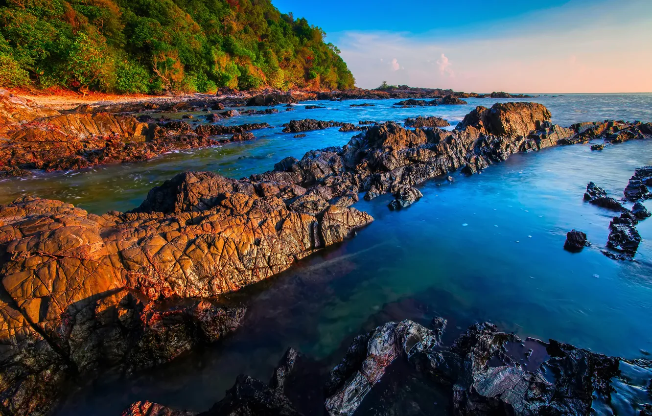 Photo wallpaper sea, the sky, trees, sunset, mountains, rocks