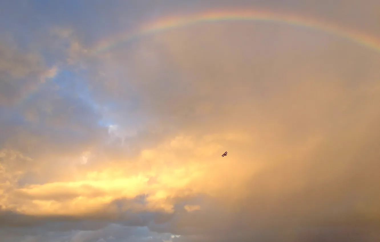 Photo wallpaper the sky, clouds, rainbow, biplane