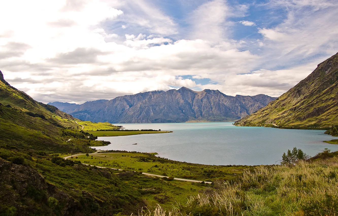 Photo wallpaper road, clouds, mountains, lake
