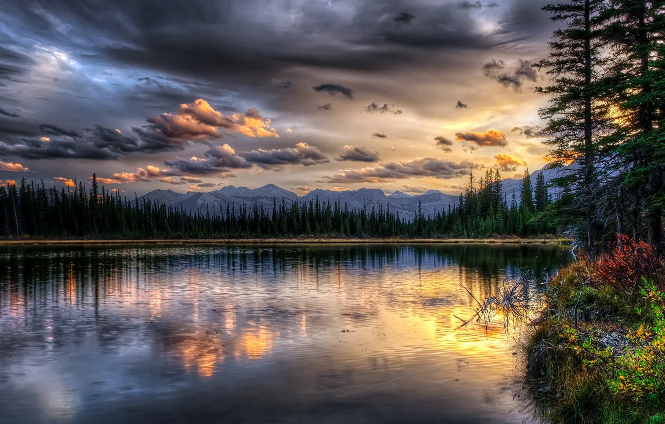 Photo wallpaper landscape, sunset, lake