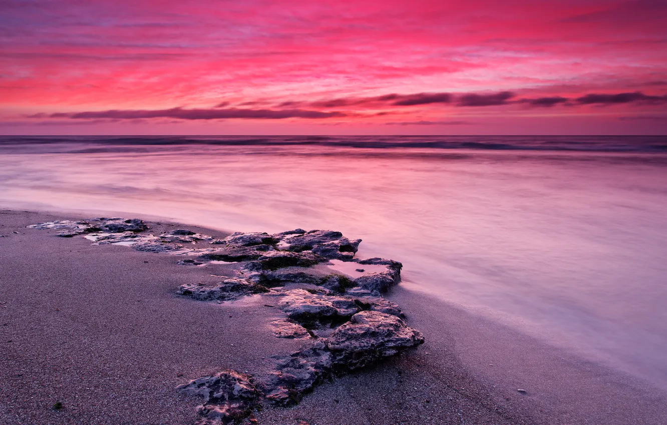 Photo wallpaper sand, landscape, stones, the ocean, dawn, shore, Argentina, coast of Miramar