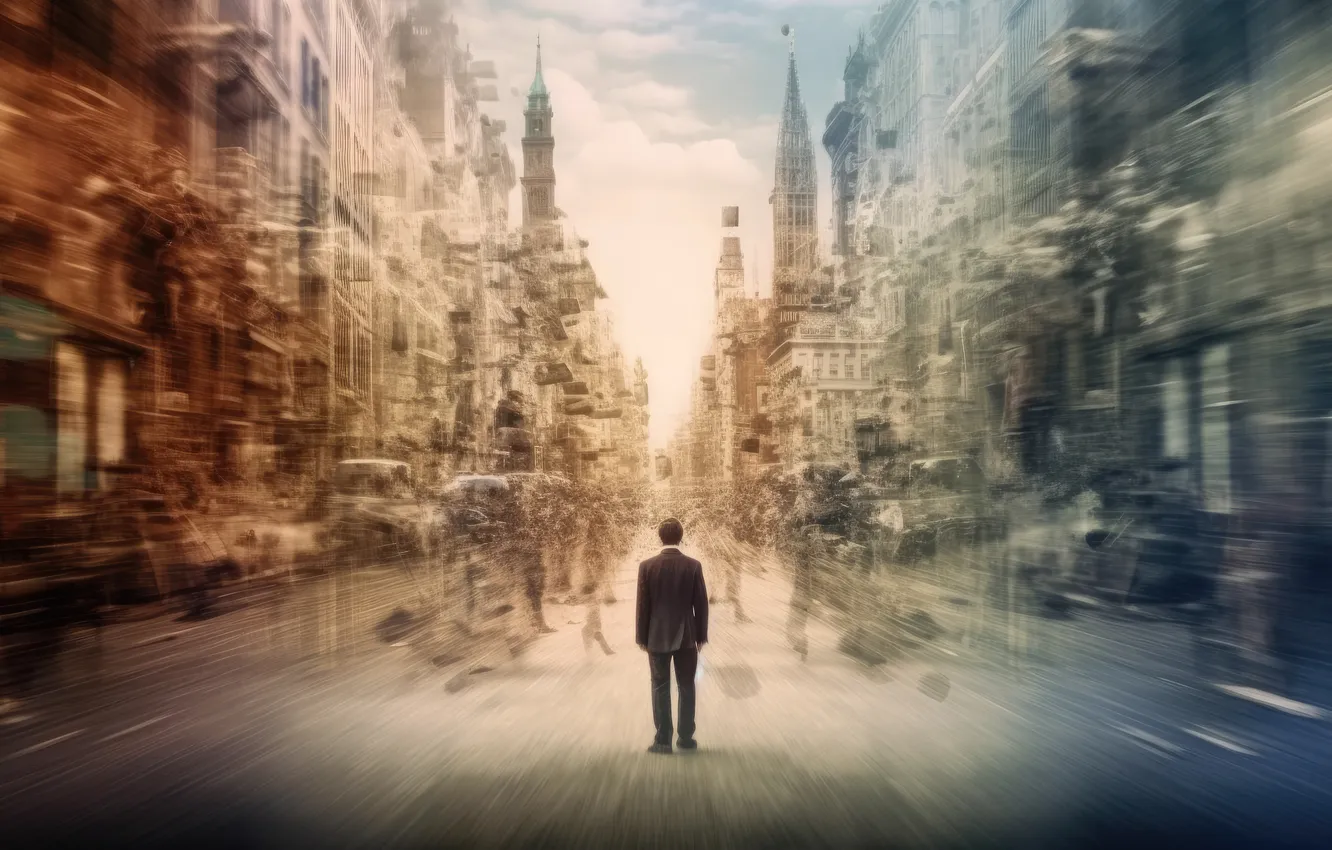 Photo wallpaper art, painting, buildings, person