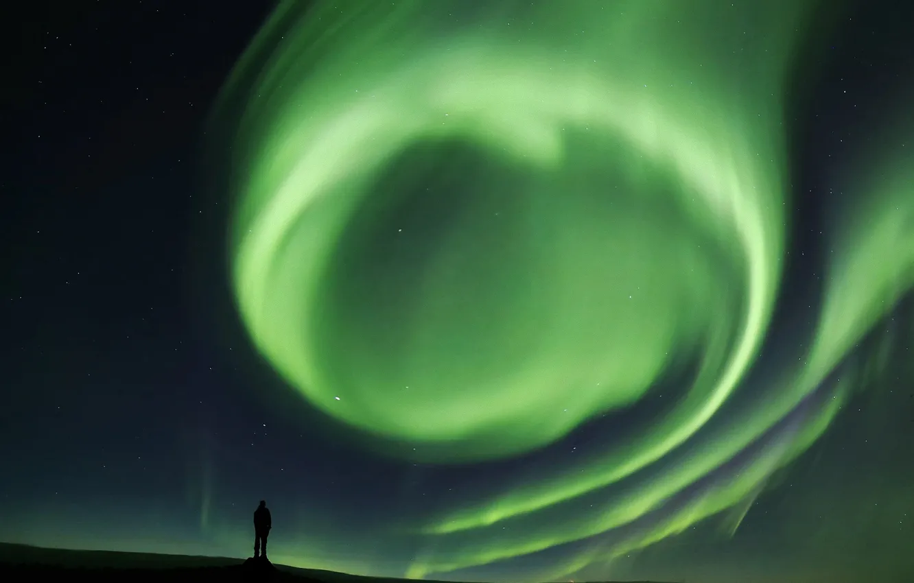 Photo wallpaper the sky, night, people, Northern lights, silhouette, male