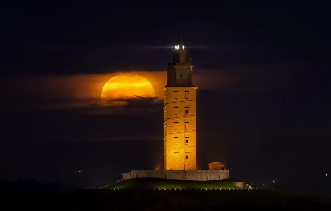 Photo wallpaper night, the moon, lighthouse, Spain, Galicia, Corunna