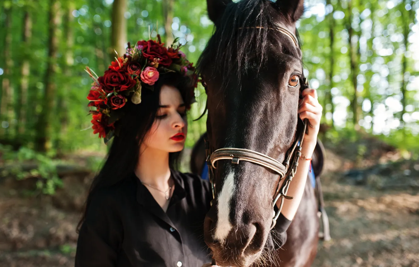 Photo wallpaper black dress, look, horse, flowers, wreath, in black, nature, face