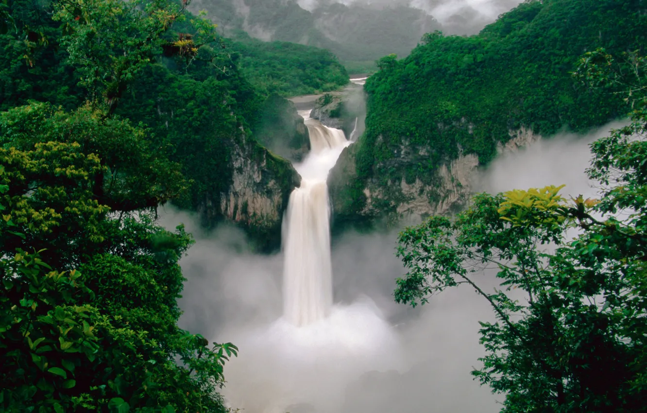 Photo wallpaper forest, mountains, river, waterfall, Ecuador