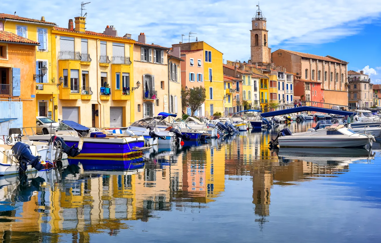 Photo wallpaper the sky, water, clouds, bridge, reflection, river, boat, France