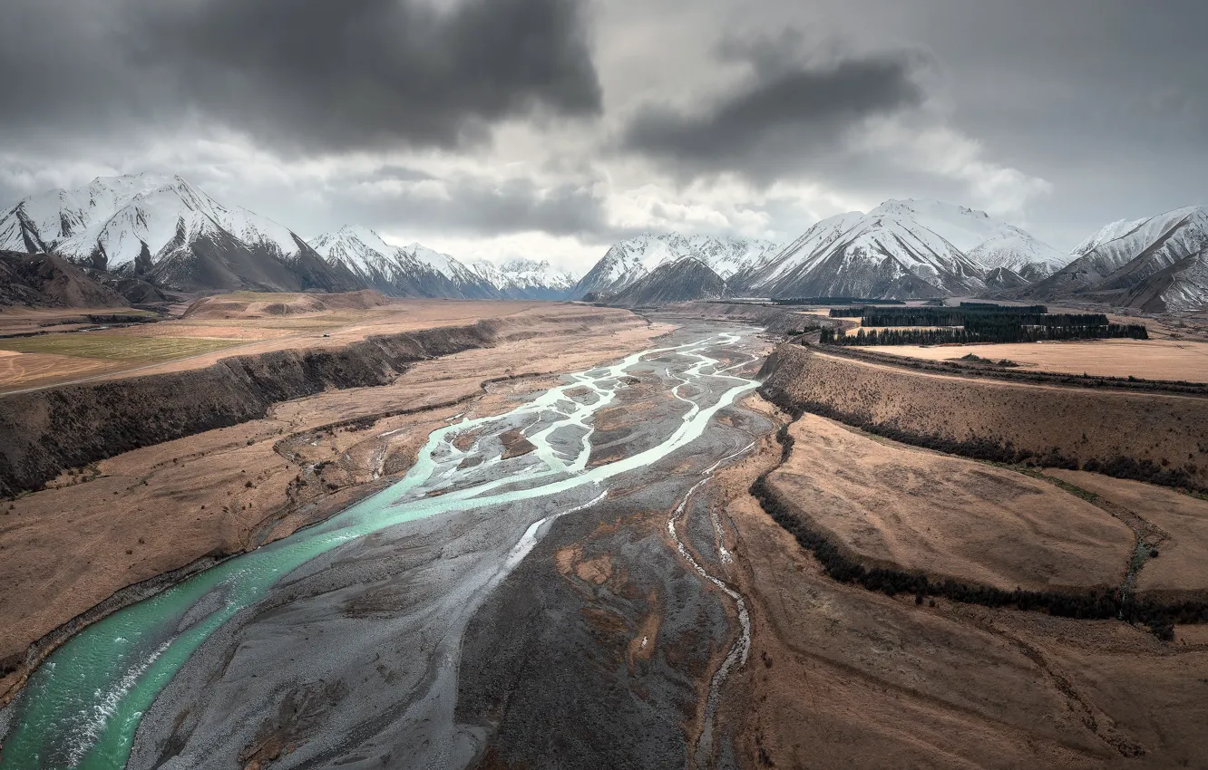 Photo wallpaper clouds, snow, mountains, river, overcast, shore, tops, relief