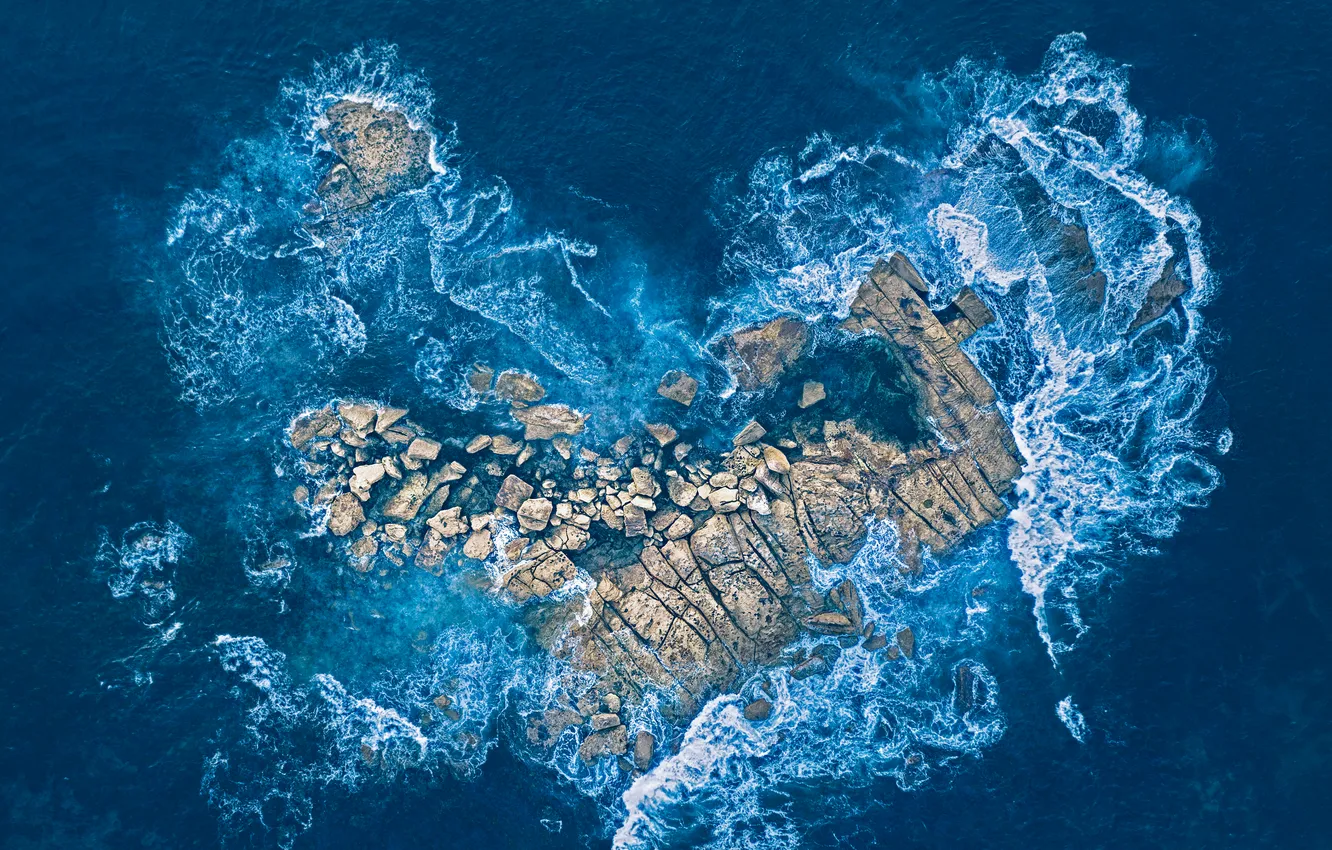Photo wallpaper waves, blue, island, aerial view, Heart shape, seamtide