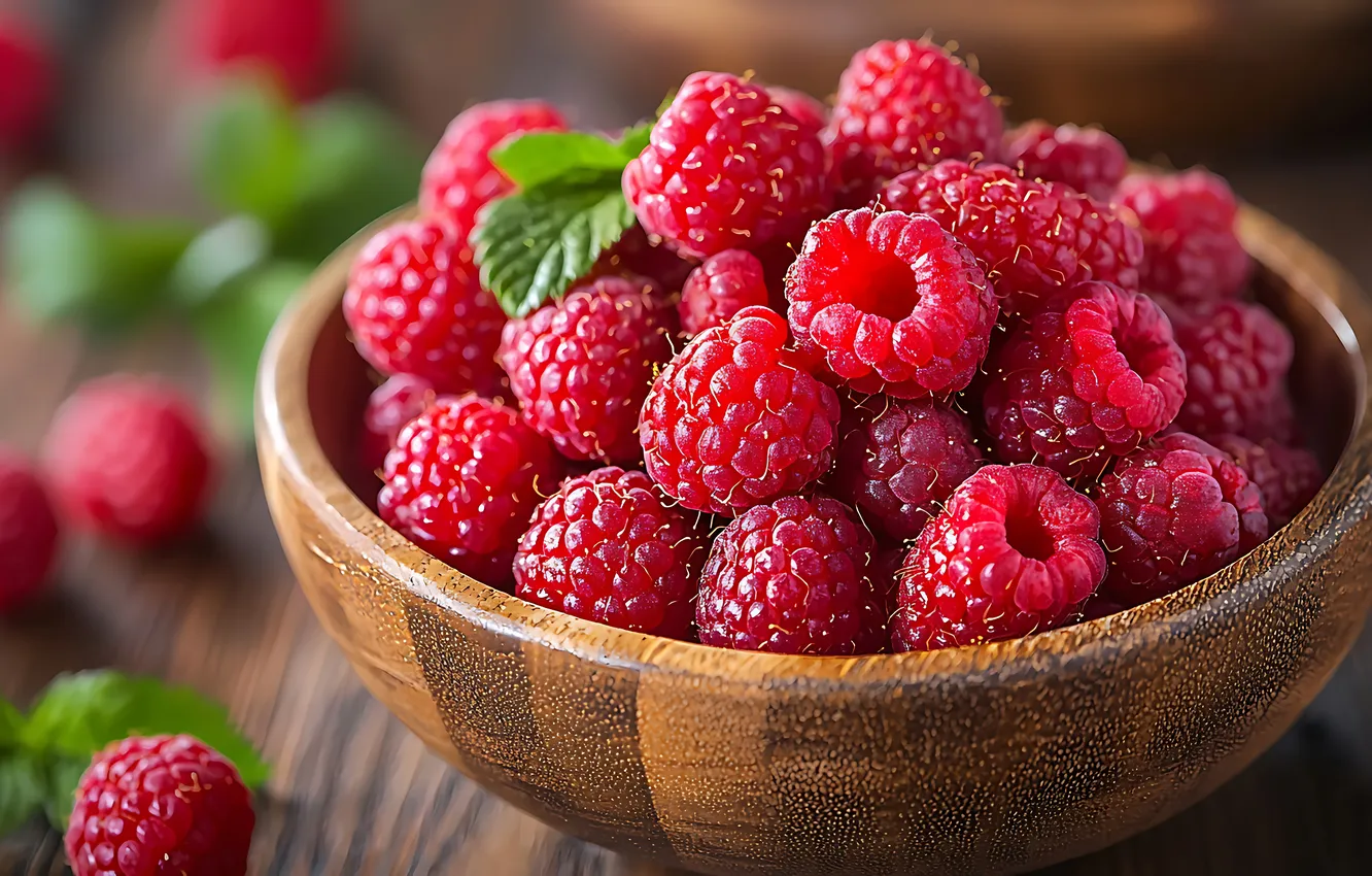 Photo wallpaper berries, raspberry, table, harvest, bowl, AI art, neural network