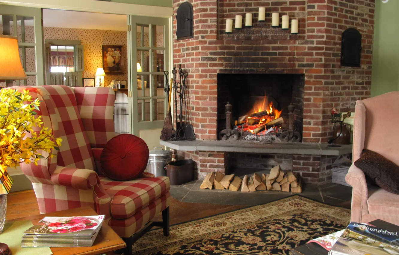 Photo wallpaper interior, chairs, fireplace