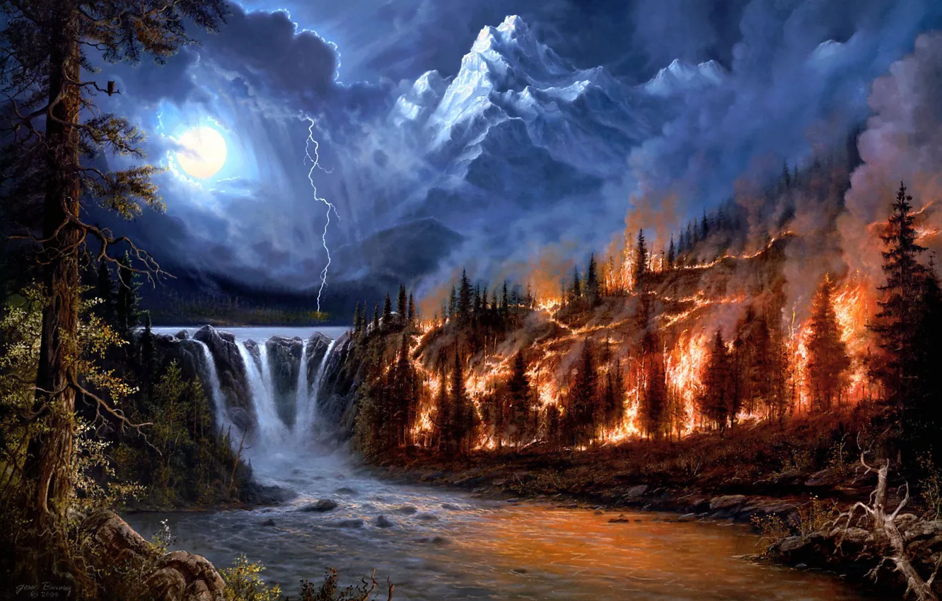 Photo wallpaper forest, landscape, river, fire, fire, element, lightning, waterfall