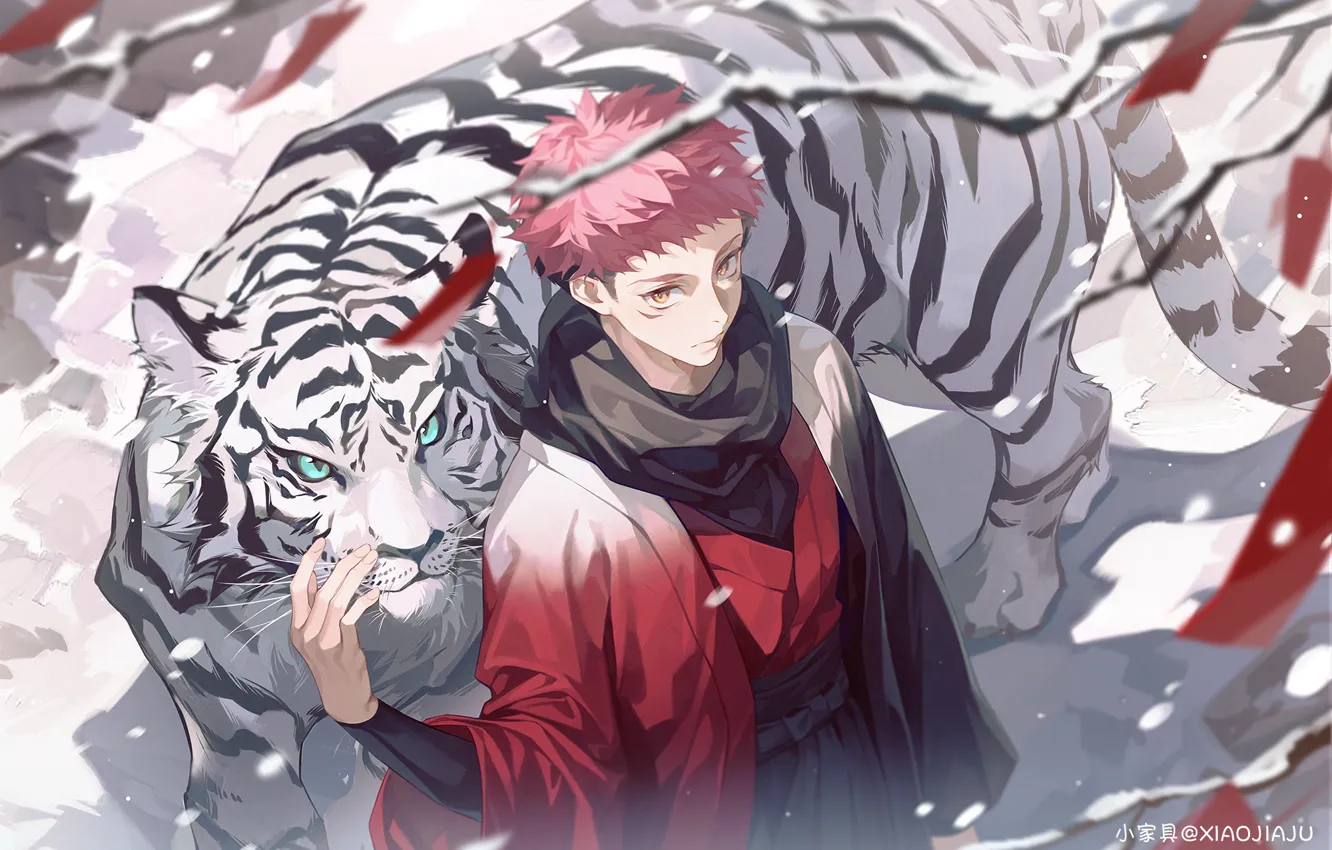 Photo wallpaper snow, guy, white tiger, Jujutsu Kaisen, map, Yuuji Itadori