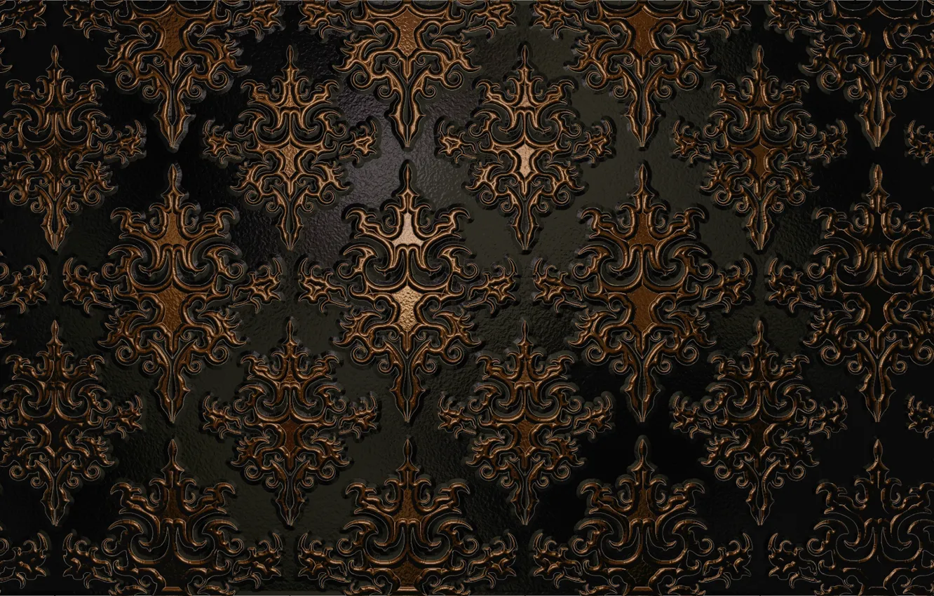 Photo wallpaper chasing, relief, brown, ornament, texture, black background, metal, pattern