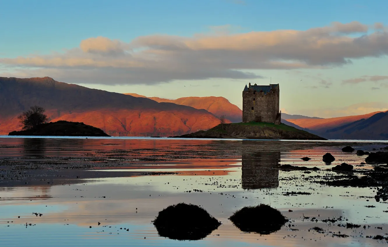Photo wallpaper the sky, clouds, mountains, lake, reflection, castle, hills, shore