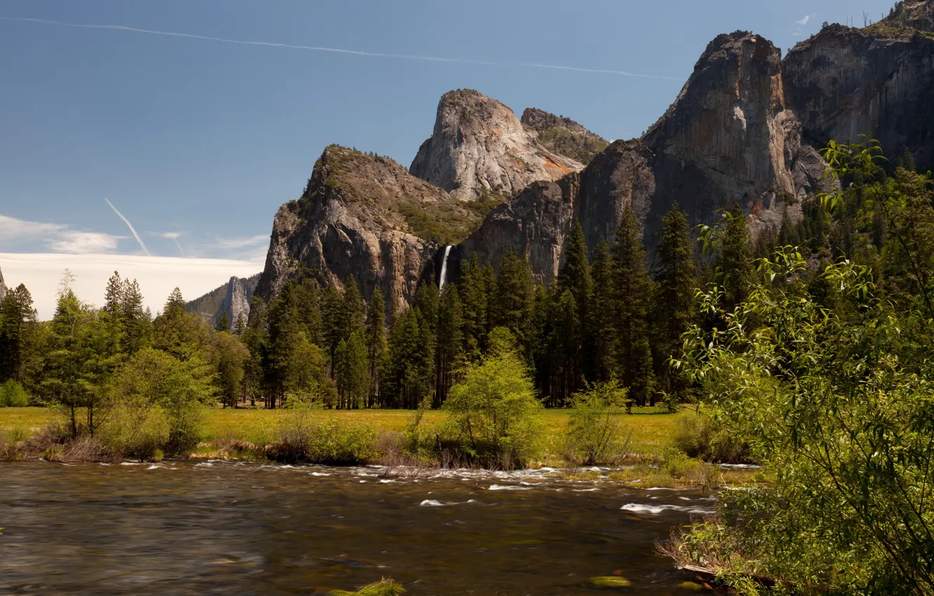 Photo wallpaper trees, mountains, rocks, glade, waterfall, CA, USA, river
