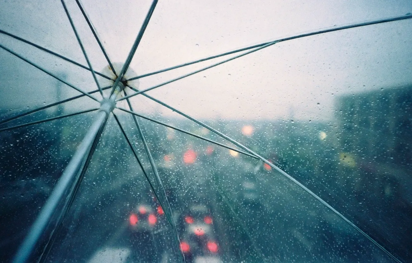 Photo wallpaper drops, lights, umbrella, rain