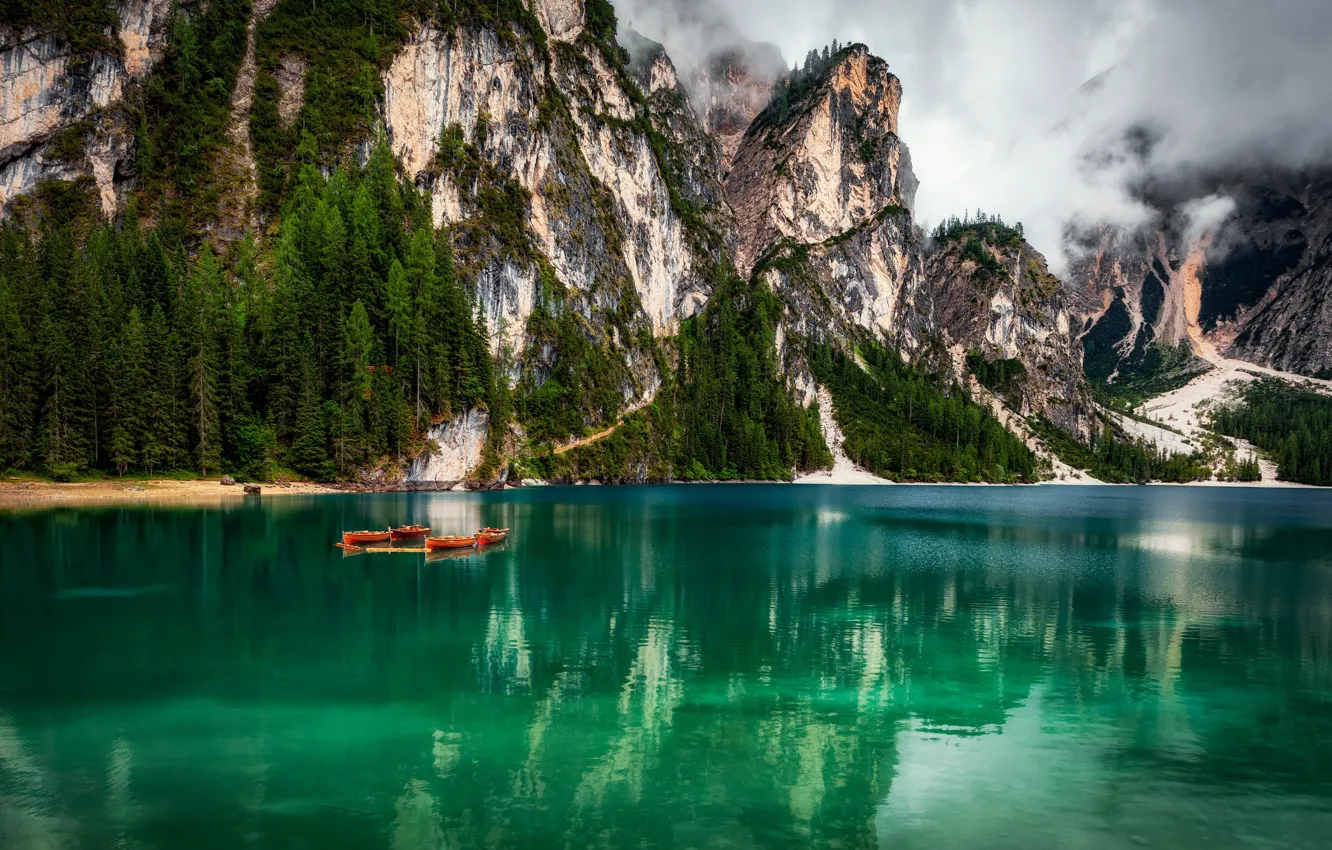 Photo wallpaper clouds, landscape, mountains, nature, lake, boats, Italy, The Dolomites