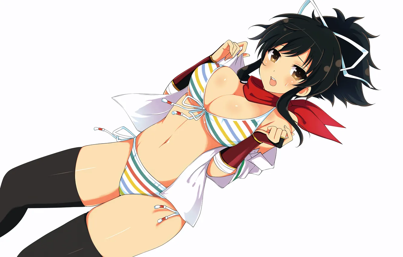 Photo wallpaper girl, sexy, cleavage, thighhighs, brown eyes, boobs, anime, beautiful