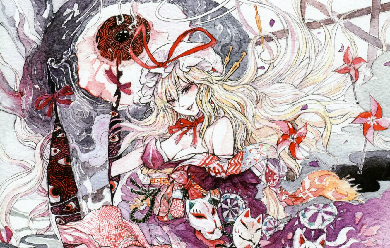 Photo wallpaper spinner, mask, bow, red eyes, long hair, touhou, art, Chihiro