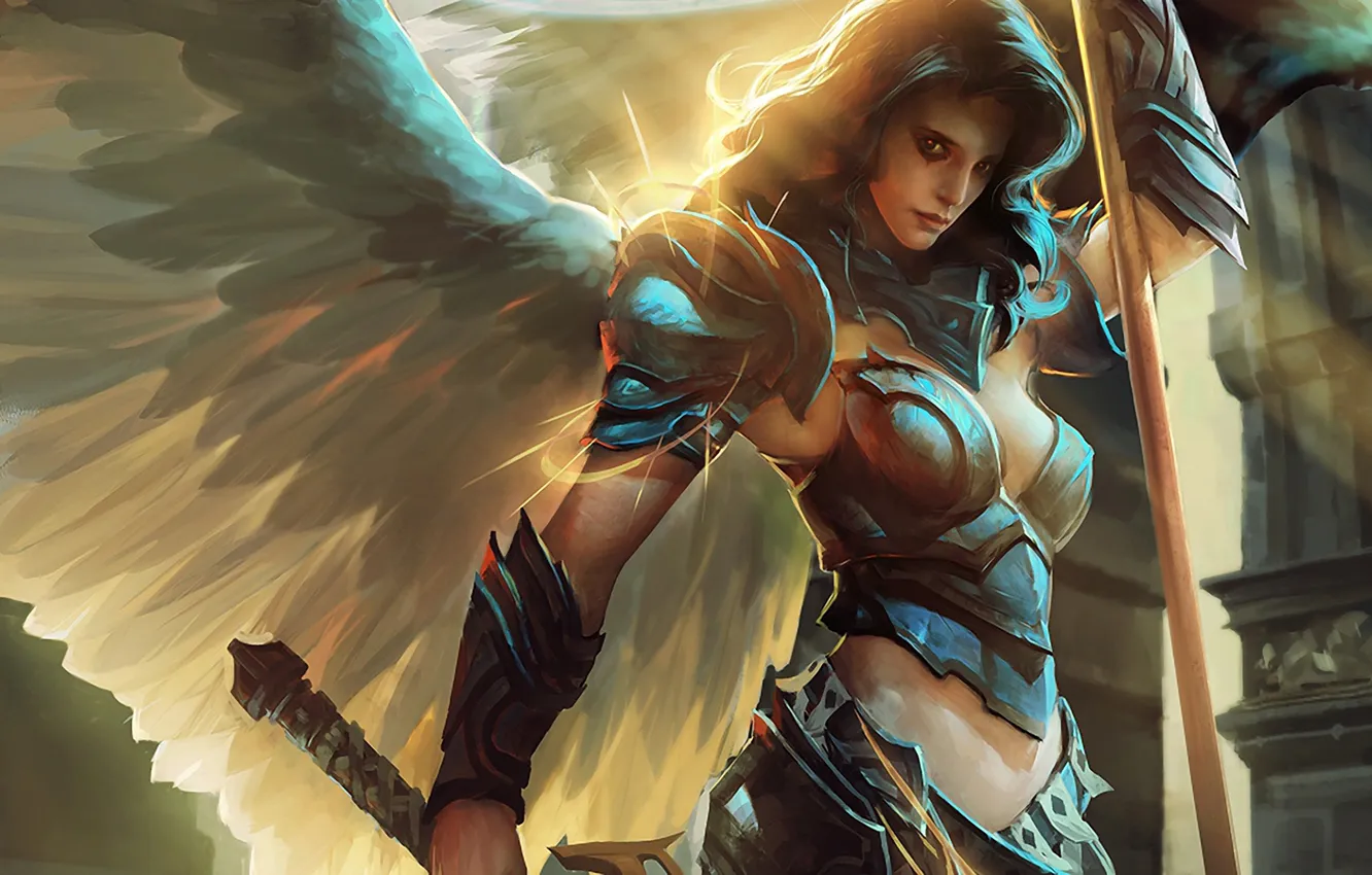 Photo wallpaper girl, light, wings, armor