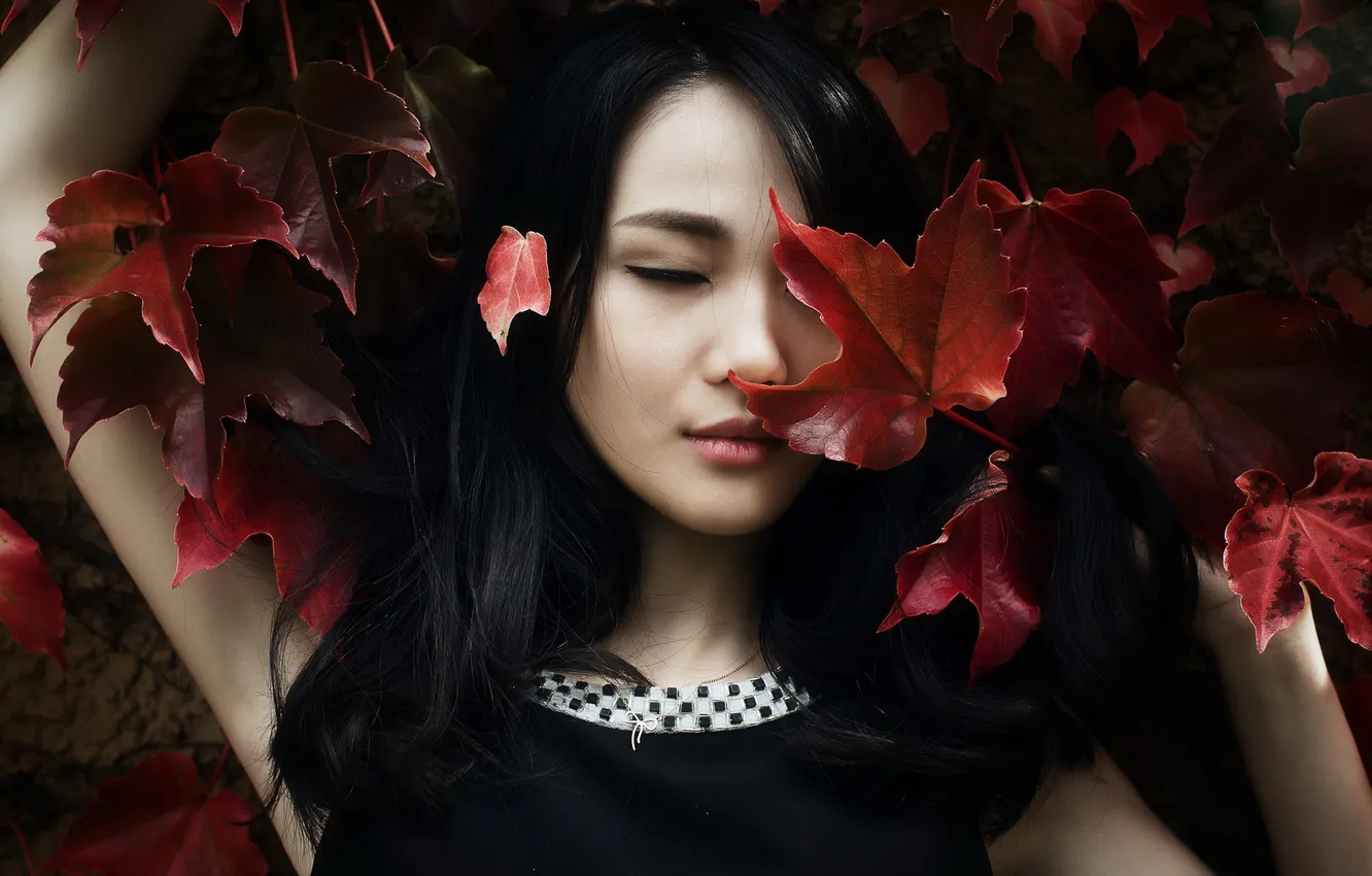 Photo wallpaper leaves, girl, portrait