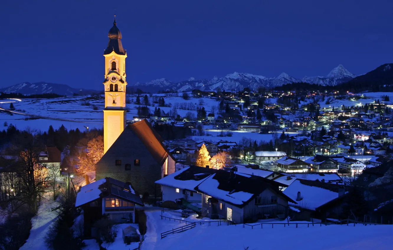 Photo wallpaper snow, the evening, the bell tower