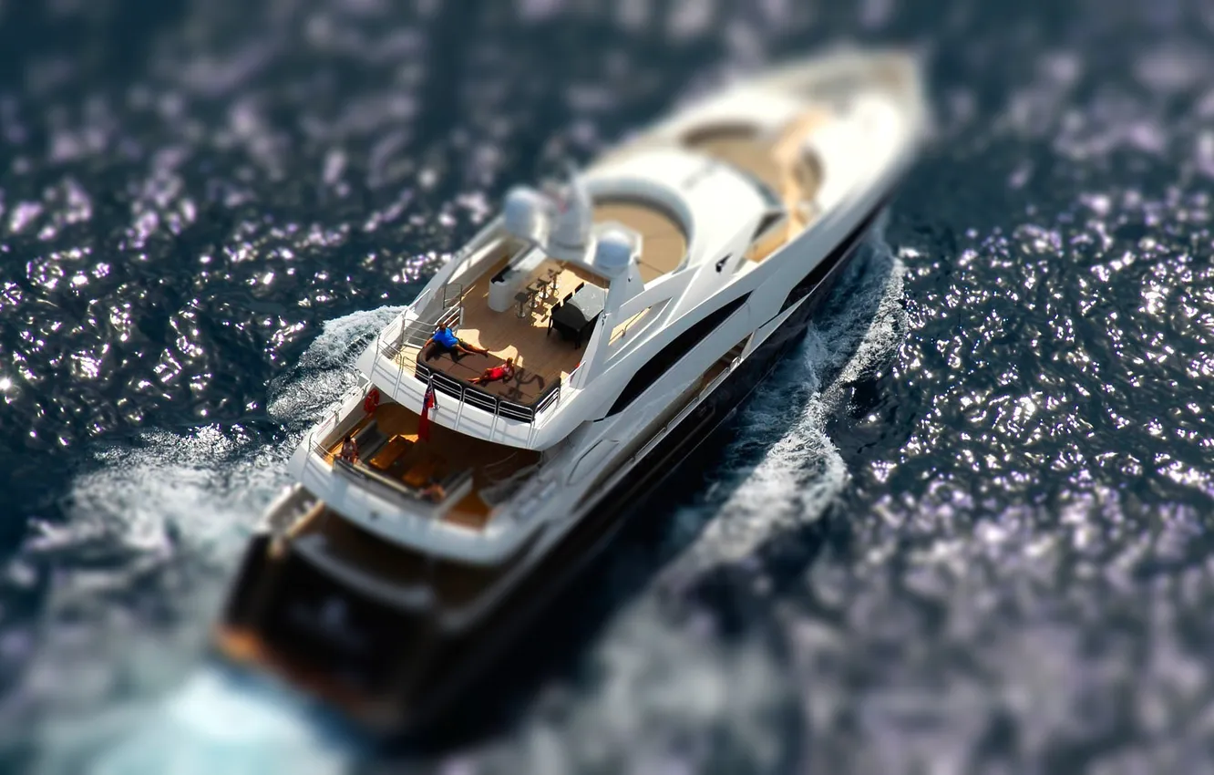 Photo wallpaper sea, wave, glare, stay, people, view, yacht, tilt shift