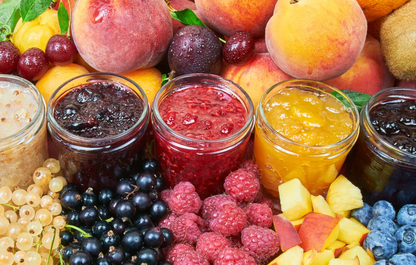 Photo wallpaper cherry, berries, raspberry, kiwi, blueberries, banks, fruit, peach